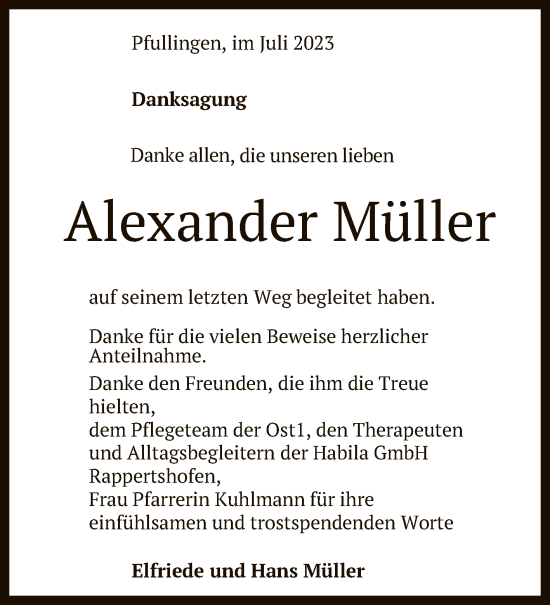 Anzeige von Alexander Müller von Reutlinger General-Anzeiger