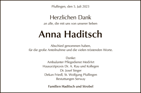 Anzeige von Anna Haditsch von Reutlinger General-Anzeiger