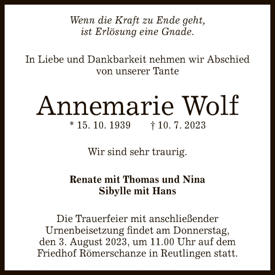Anzeige von Annemarie Wolf von Reutlinger General-Anzeiger