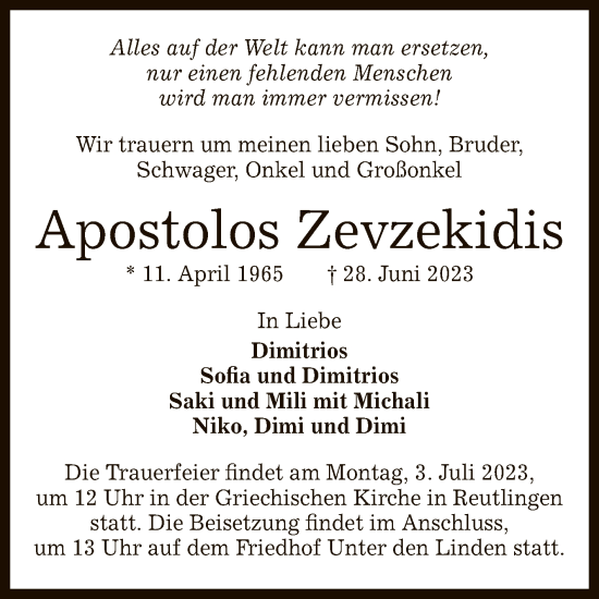 Anzeige von Apostolos Zevzekidis von Reutlinger General-Anzeiger