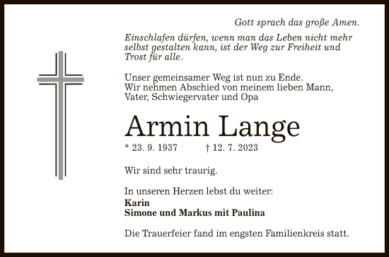 Anzeige von Armin Lange von Reutlinger General-Anzeiger