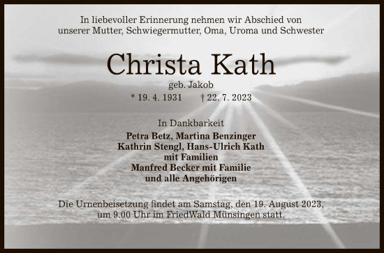 Anzeige von Christa Kath von Reutlinger General-Anzeiger