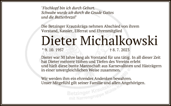 Anzeige von Dieter Michalkowski von Reutlinger General-Anzeiger