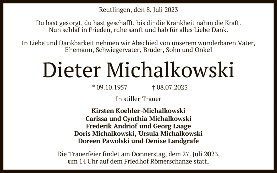 Anzeige von Dieter Michalkowski von Reutlinger General-Anzeiger