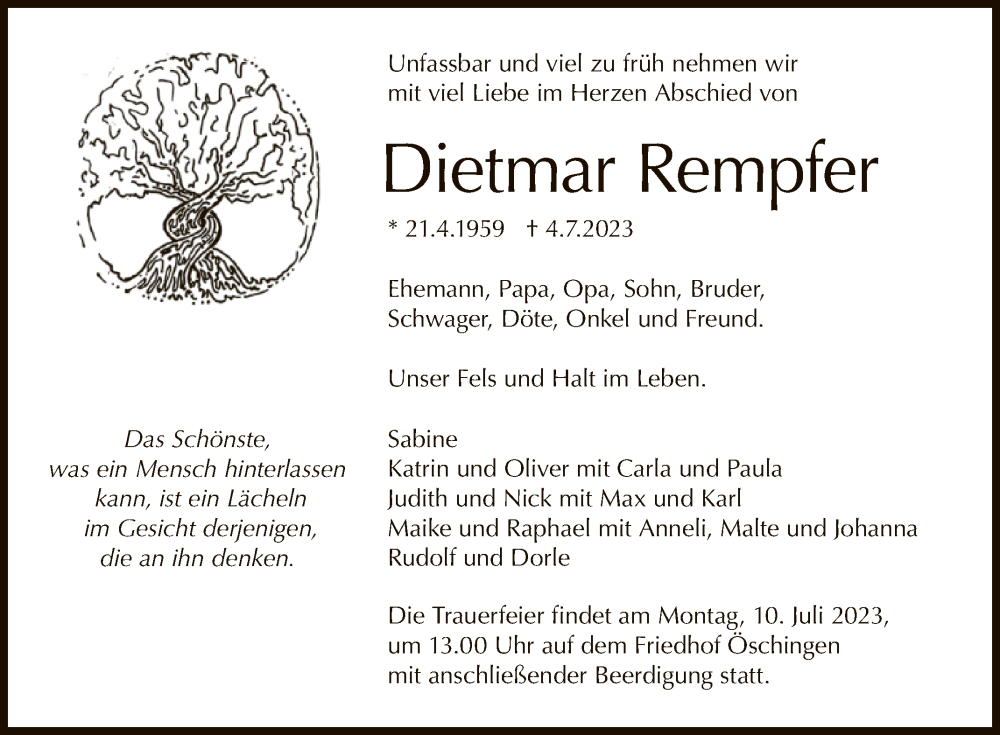  Traueranzeige für Dietmar Rempfer vom 07.07.2023 aus Reutlinger General-Anzeiger