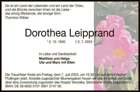 Anzeige von Dorothea Leipprand von Reutlinger General-Anzeiger