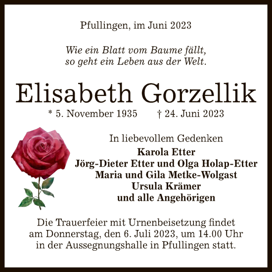 Anzeige von Elisabeth Gorzellik von Reutlinger General-Anzeiger