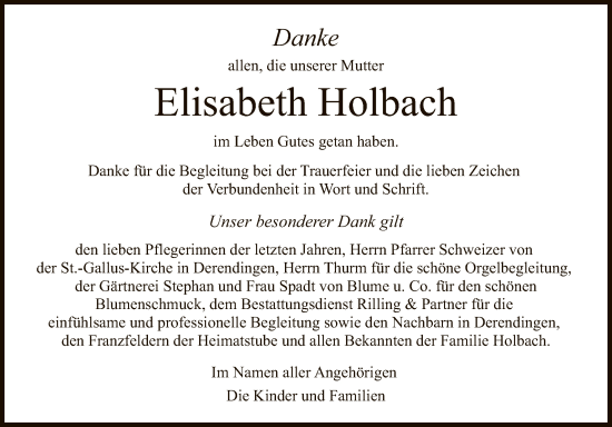 Anzeige von Elisabeth Holbach von Reutlinger General-Anzeiger
