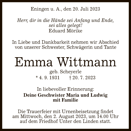 Anzeige von Emma Wittmann von Reutlinger General-Anzeiger