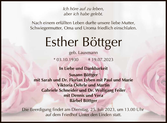 Anzeige von Esther Böttger von Reutlinger General-Anzeiger