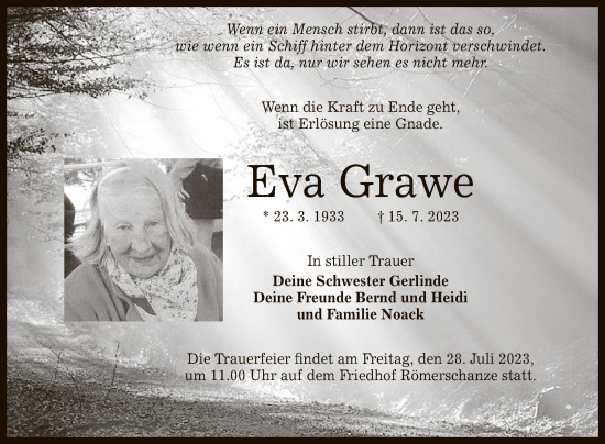 Anzeige von Eva Grawe von Reutlinger General-Anzeiger