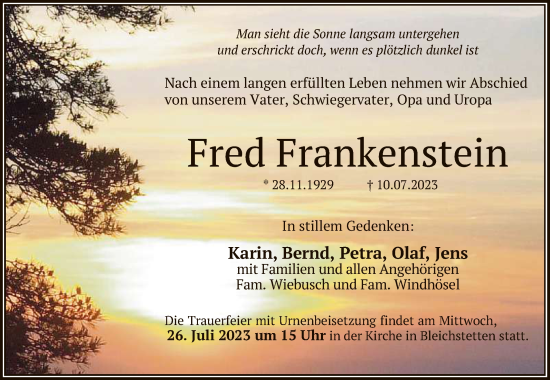 Anzeige von Fred Frankenstein von Reutlinger General-Anzeiger