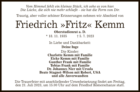 Anzeige von Friedrich  Kemm von Reutlinger General-Anzeiger