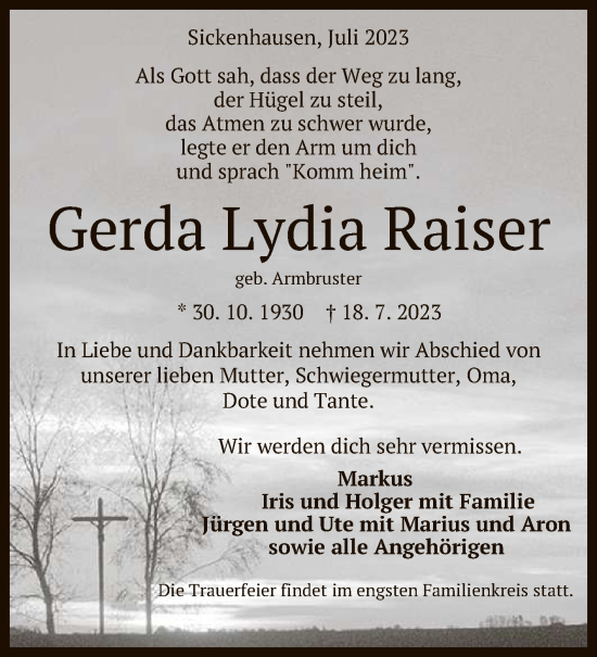Anzeige von Gerda Lydia Raiser von Reutlinger General-Anzeiger