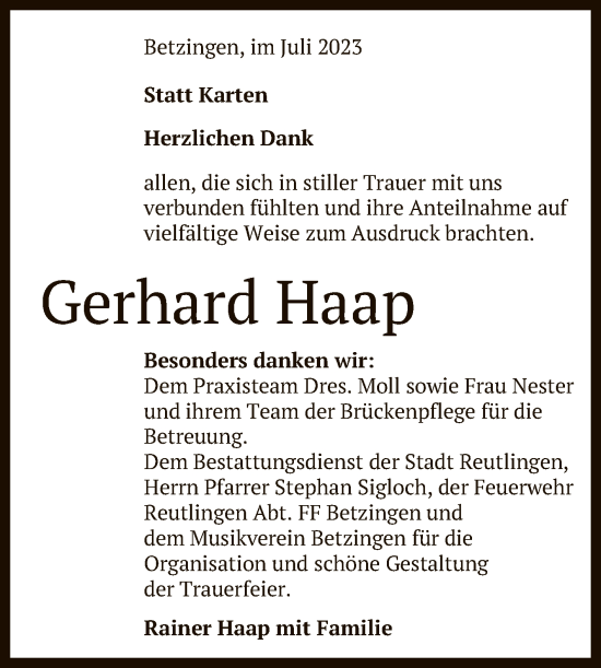 Anzeige von Gerhard Haap von Reutlinger General-Anzeiger