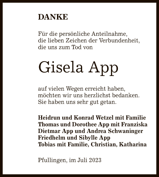 Anzeige von Gisela App von Reutlinger General-Anzeiger
