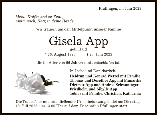 Anzeige von Gisela App von Reutlinger General-Anzeiger