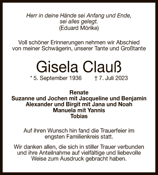 Anzeige von Gisela Clauß von Reutlinger General-Anzeiger
