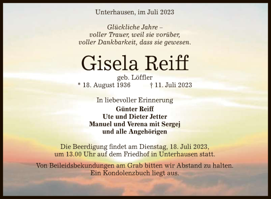 Anzeige von Gisela Reiff von Reutlinger General-Anzeiger