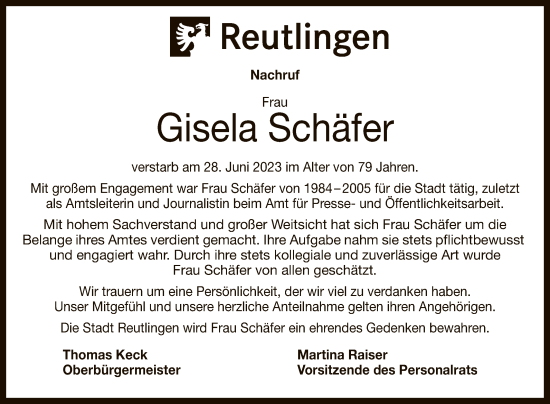 Anzeige von Gisela Schäfer von Reutlinger General-Anzeiger