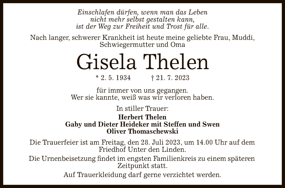  Traueranzeige für Gisela Thelen vom 26.07.2023 aus Reutlinger General-Anzeiger