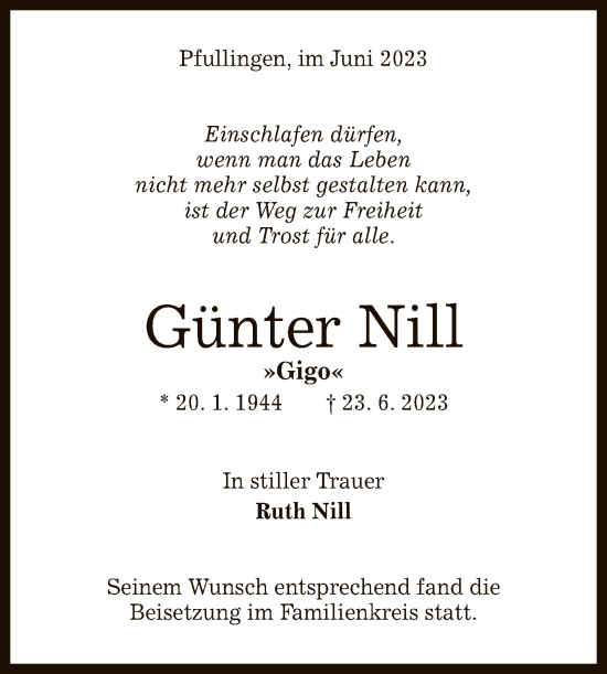 Anzeige von Günter Nill von Reutlinger General-Anzeiger