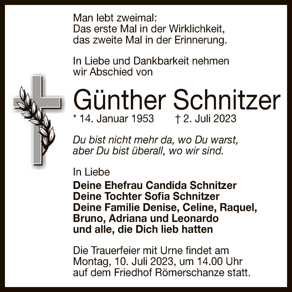  Traueranzeige für Günther Schnitzer vom 08.07.2023 aus Reutlinger General-Anzeiger