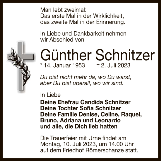 Anzeige von Günther Schnitzer von Reutlinger General-Anzeiger