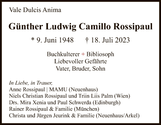Anzeige von Günther Ludwig Camillo Rossipaul von Reutlinger General-Anzeiger