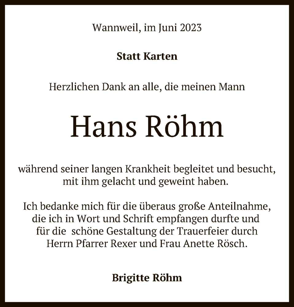  Traueranzeige für Hans Röhm vom 01.07.2023 aus Reutlinger General-Anzeiger