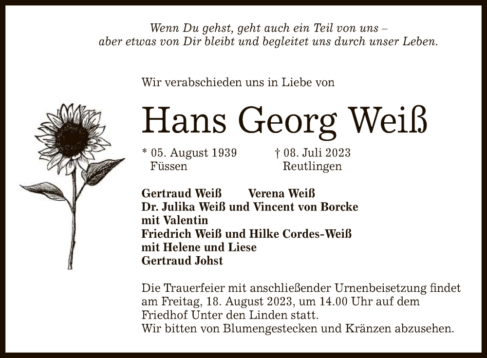  Traueranzeige für Hans Georg Weiß vom 15.07.2023 aus Reutlinger General-Anzeiger