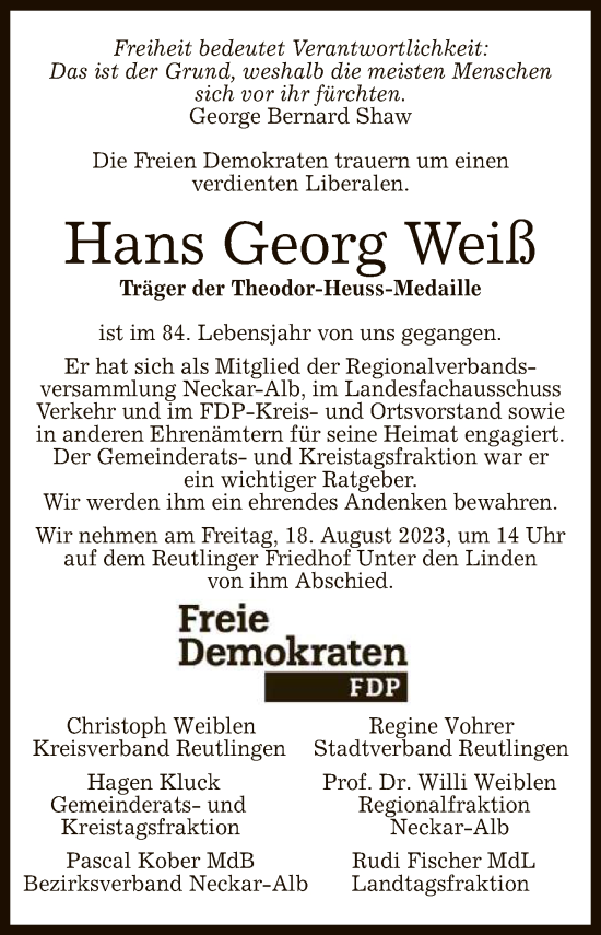 Anzeige von Hans Georg Weiß von Reutlinger General-Anzeiger