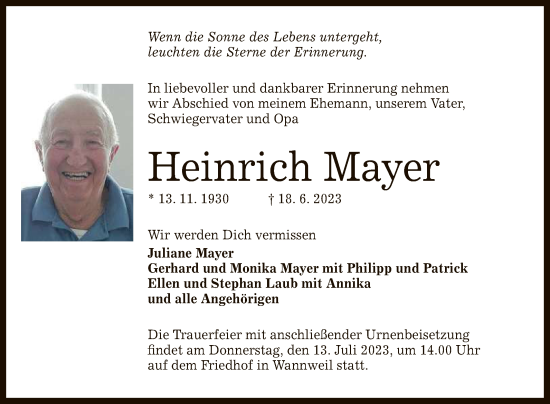 Anzeige von Heinrich Mayer von Reutlinger General-Anzeiger