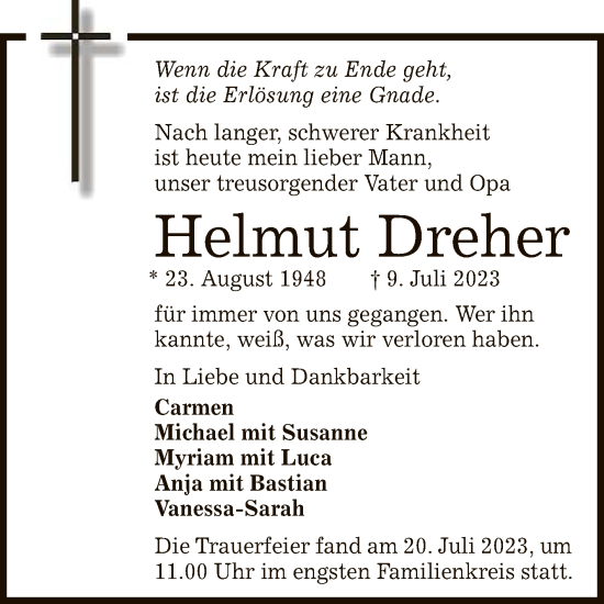 Anzeige von Helmut Dreher von Reutlinger General-Anzeiger