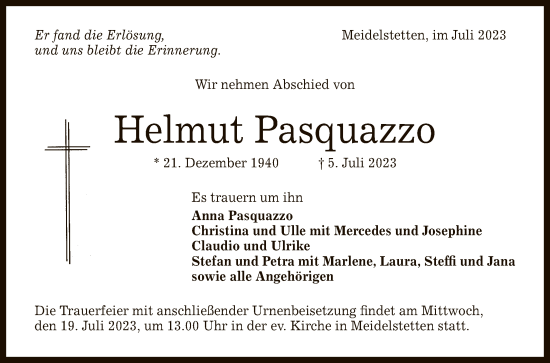 Anzeige von Helmut Pasquazzo von Reutlinger General-Anzeiger