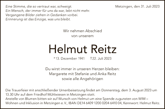 Anzeige von Helmut Reitz von Reutlinger General-Anzeiger