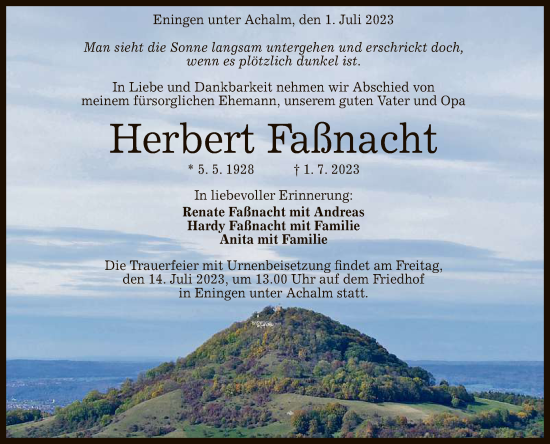 Anzeige von Herbert Faßnacht von Reutlinger General-Anzeiger