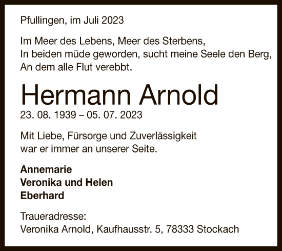 Anzeige von Hermann Arnold von Reutlinger General-Anzeiger