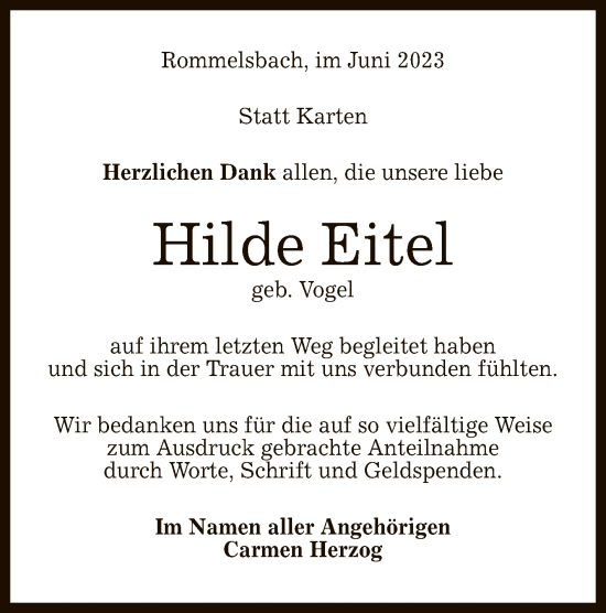 Anzeige von Hilde Eitel von Reutlinger General-Anzeiger