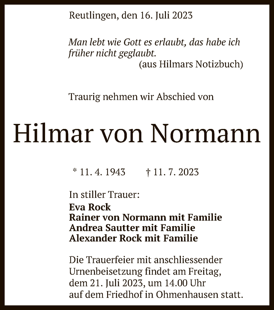  Traueranzeige für Hilmar von Normann vom 18.07.2023 aus Reutlinger General-Anzeiger