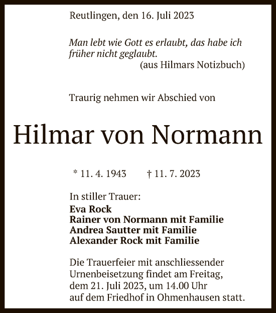 Anzeige von Hilmar von Normann von Reutlinger General-Anzeiger