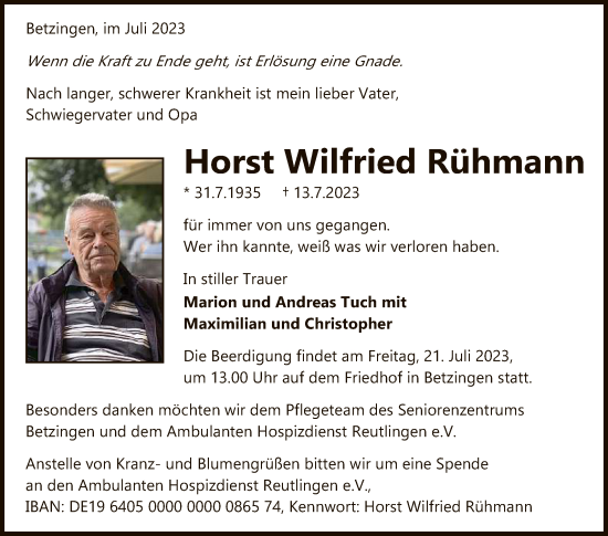 Anzeige von Horst Wilfried Rühmann von Reutlinger General-Anzeiger