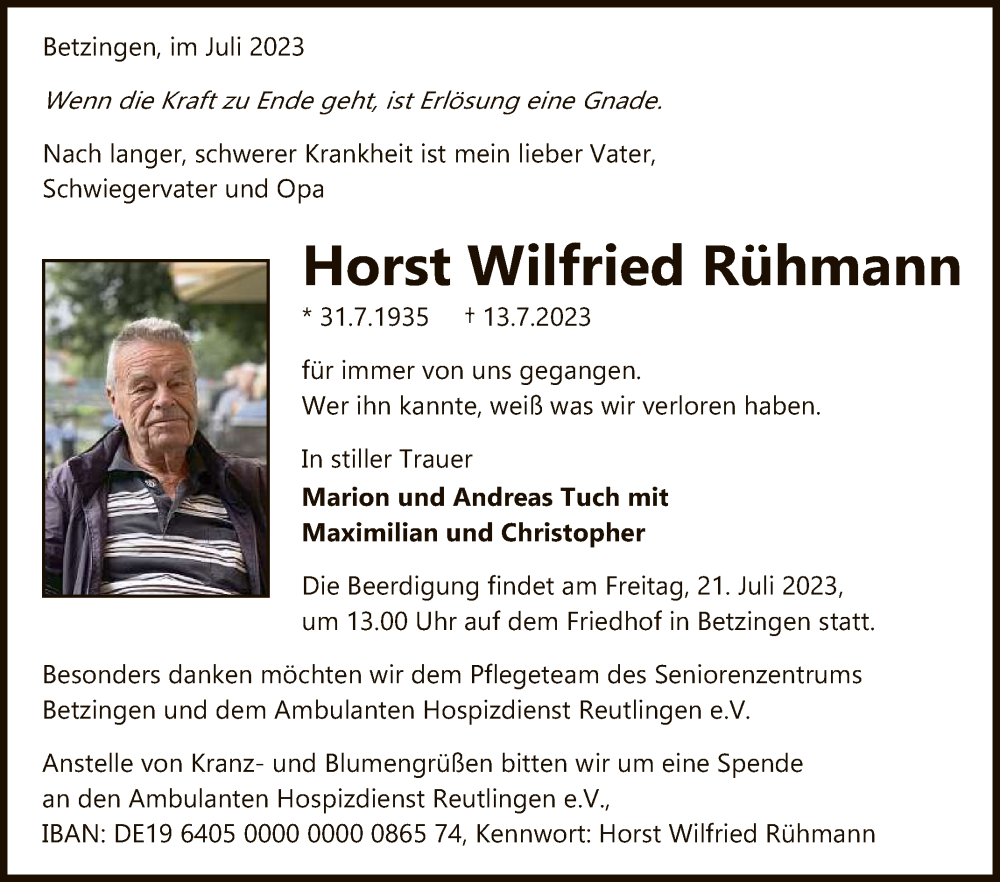  Traueranzeige für Horst Wilfried Rühmann vom 15.07.2023 aus Reutlinger General-Anzeiger