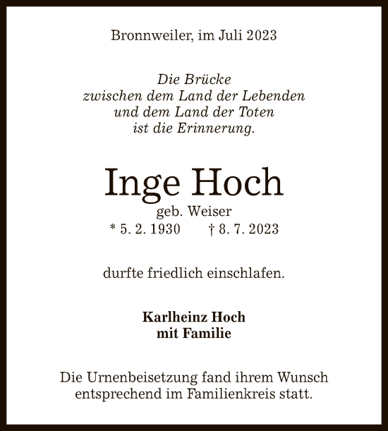 Anzeige von Inge Hoch von Reutlinger General-Anzeiger