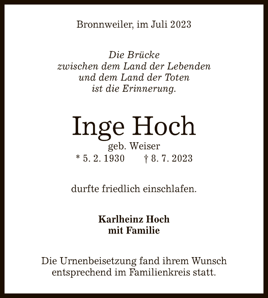  Traueranzeige für Inge Hoch vom 22.07.2023 aus Reutlinger General-Anzeiger