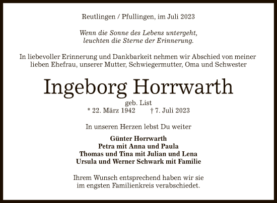 Anzeige von Ingeborg Horrwarth von Reutlinger General-Anzeiger