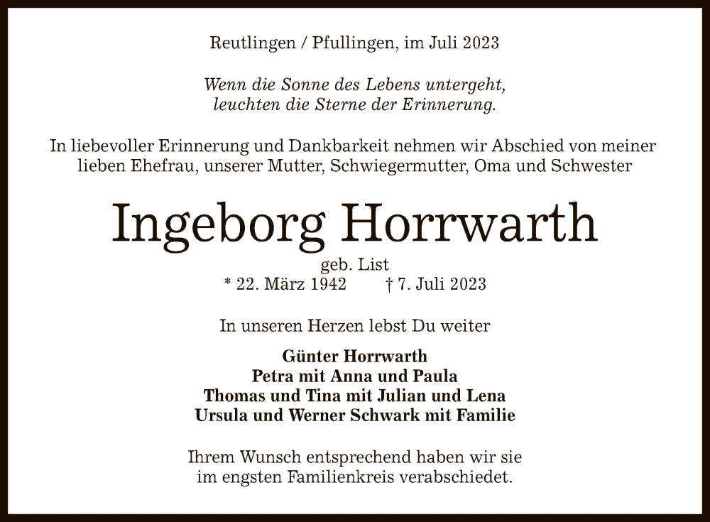  Traueranzeige für Ingeborg Horrwarth vom 15.07.2023 aus Reutlinger General-Anzeiger