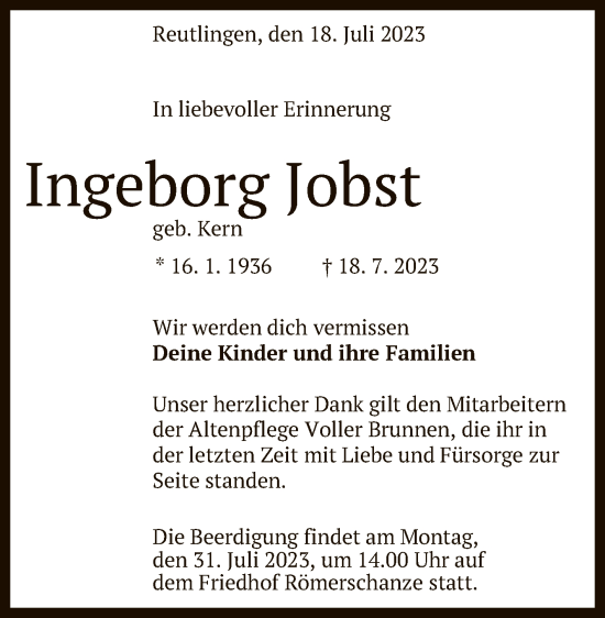 Anzeige von Ingeborg Jobst von Reutlinger General-Anzeiger