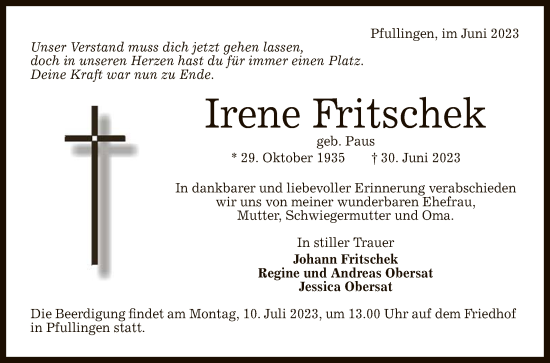 Anzeige von Irene Fritschek von Reutlinger General-Anzeiger