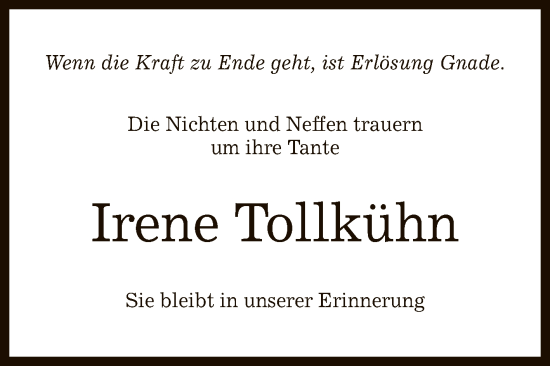 Anzeige von Irene Tollkühn von Reutlinger General-Anzeiger